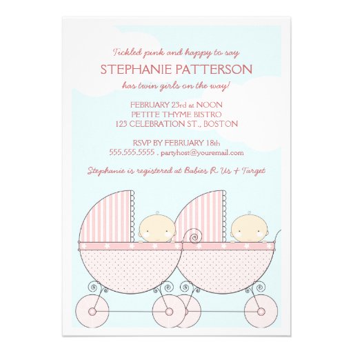 Twin Girl Pink Carriage Happy Baby Shower Personalized Invitations