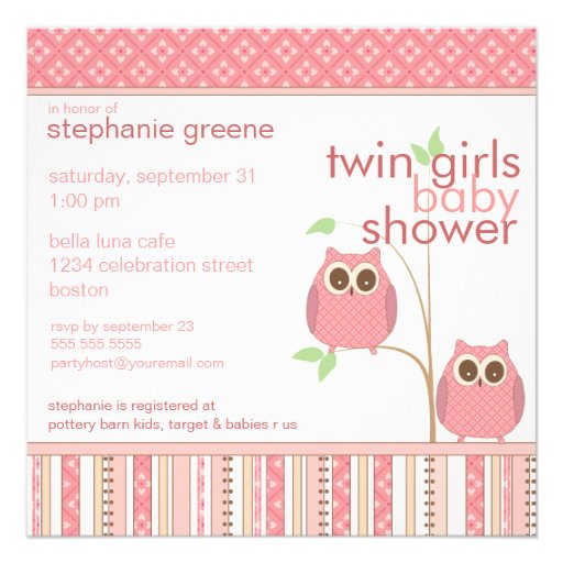 Twin Girls Baby Owl PInk Baby Shower Personalized Invites