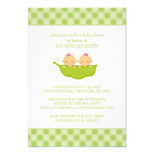 Twin Girls in a Pea Pod Baby Shower Invitations (front side)