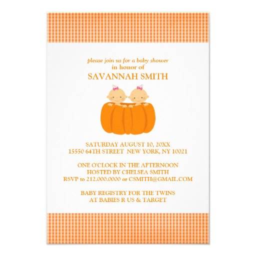 Twin Girls in a Pumpkin Baby Shower Invitations