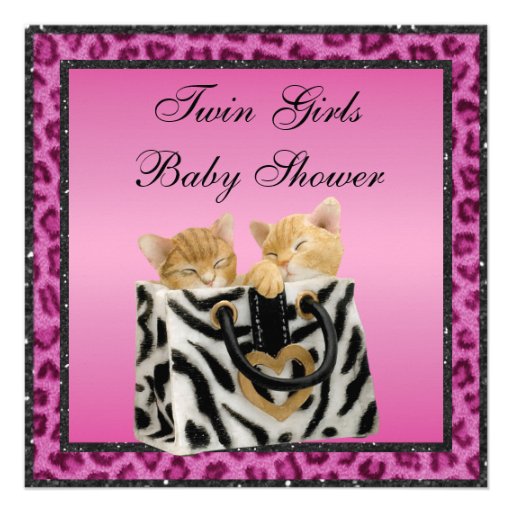 Twin Girls Kittens Pink Leopard Print Baby Shower Custom Invites