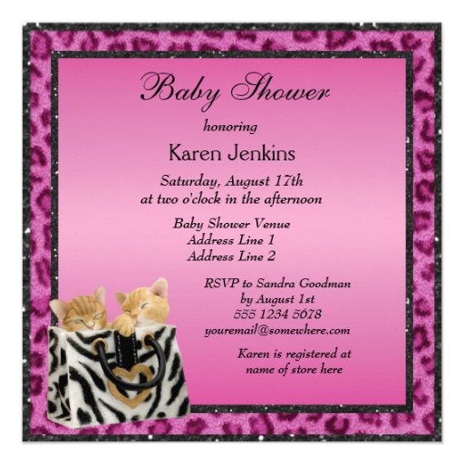 Twin Girls Kittens Pink Leopard Print Baby Shower Custom Invites