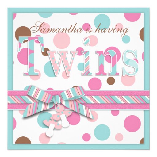 TWIN GIRLS Pink Aqua Brown Dots Baby Shower Custom Announcements (front side)