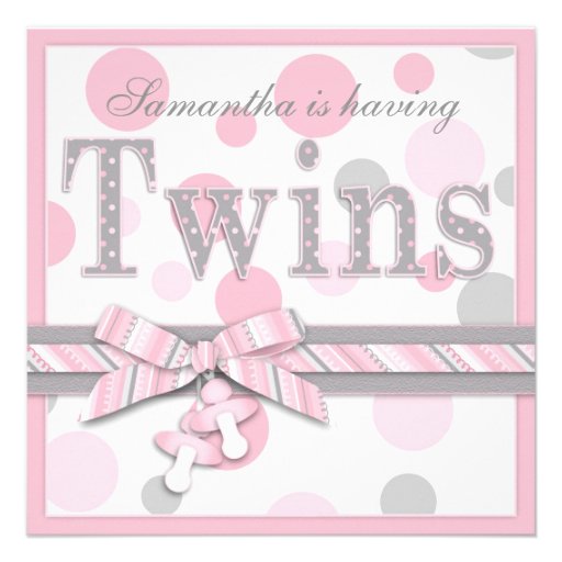 TWIN GIRLS Pink Gray Dots Baby Shower Custom Announcements (front side)