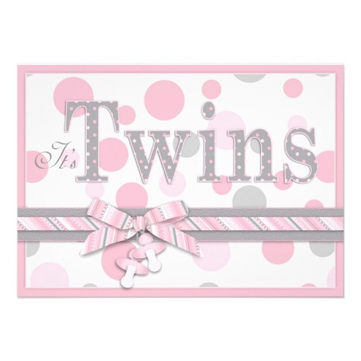 TWIN GIRLS Pink Gray Dots Baby Shower Personalized Invite (front side)