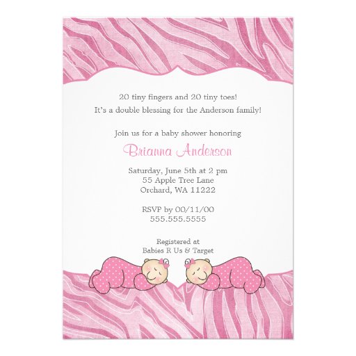 Twin Girls Pink MODERN Zebra Baby Shower Invite