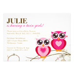 Twin Girls Pink Owls Baby Shower Invitation