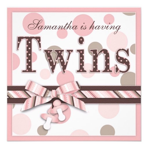 TWIN GIRLS Pink Taupe Dots Baby Shower Invitation