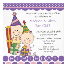 Twin Girls Stick Figure Twins Birthday Invitation