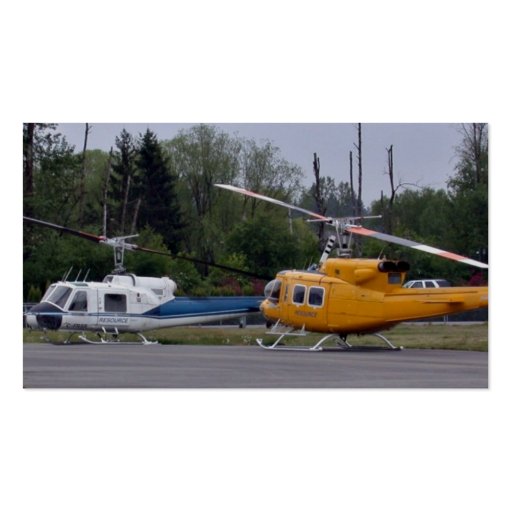 Twin Huey helicopters with trees in background Business Card (back side)