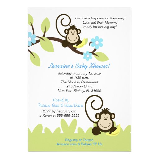 Twin Monkey Baby Shower Invitation (Size 5x7)