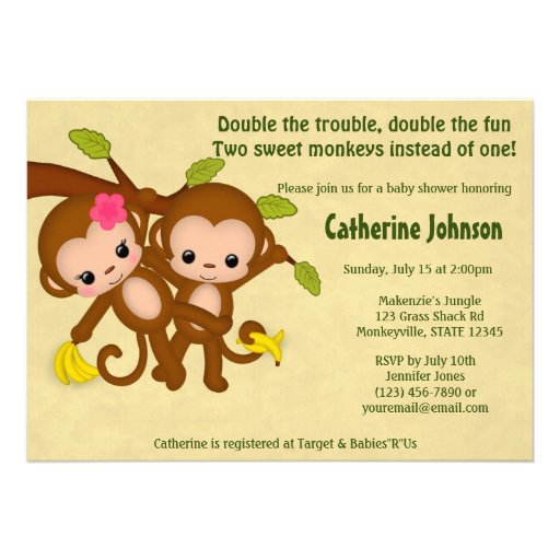 TWIN Monkeys Baby Shower Invitations BOY GIRL (front side)