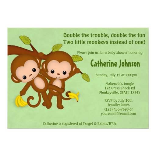 TWIN Monkeys Baby Shower Invitations GREEN MM2