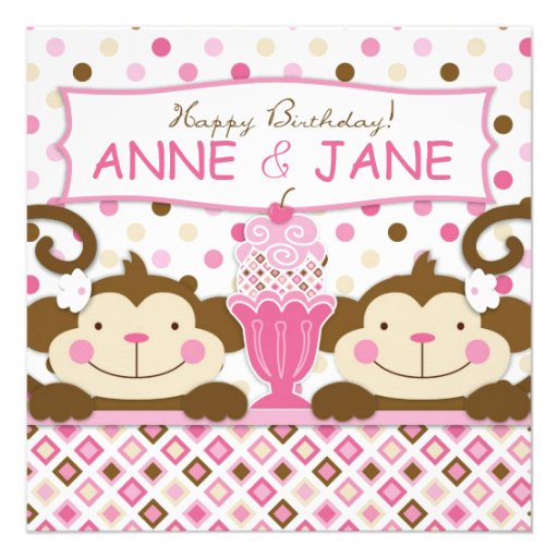 Twin Monkeys & Ice Cream Sundae Birthday Personalized Invitation