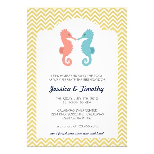 Twin Seahorses Double Birthday Party Invitation (front side)