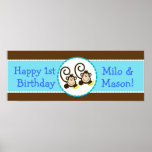 TWIN Silly Monkeys Personalized Birthday Banner Poster