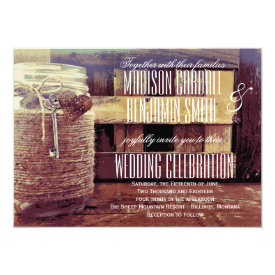Twine Wrapped Mason Jar Heart Key Wedding Invites 4.5