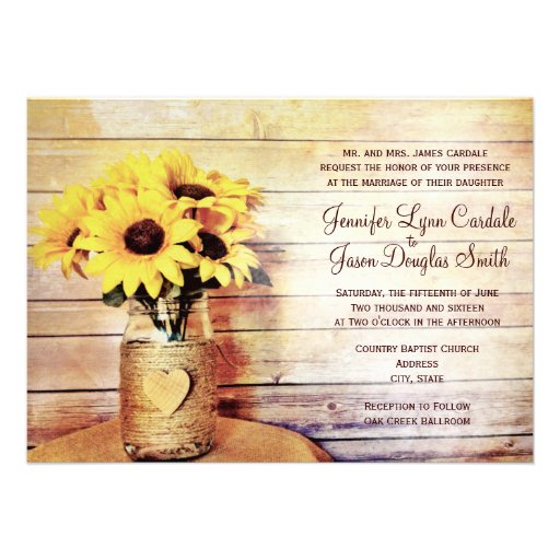 Twine Wrapped Mason Jar Sunflower Wedding Invites