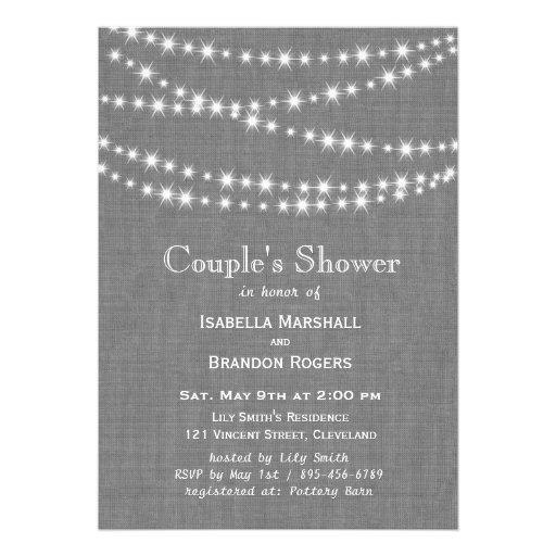 Twinkle Lights on Gray Burlap Couple's Shower Personalized Invitations