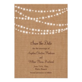 Twinkle Lights Save the Date on Burlap