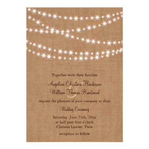 Twinkle Lights Wedding Invitation on Burlap