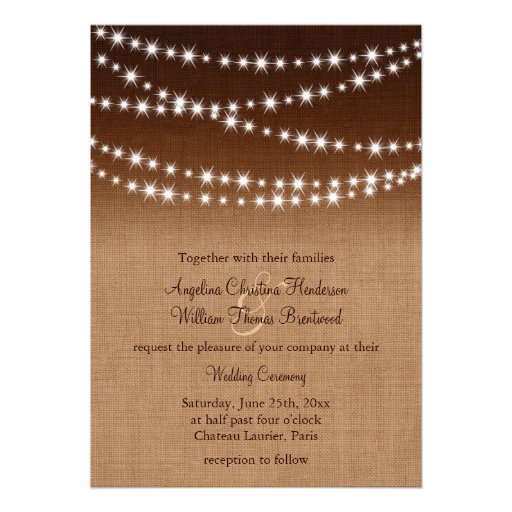 Twinkle Lights Wedding Invitation on Shaded Burlap