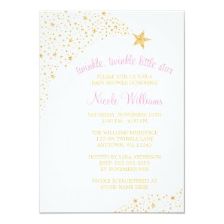 Twinkle Little Shooting Star Gold Pink Baby Shower 5x7 Paper Invitation Card