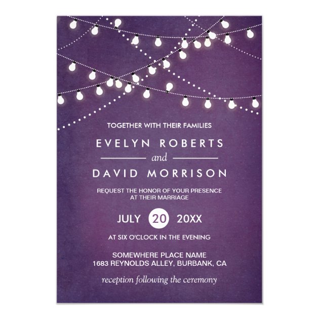Twinkle String Lights Dark Purple Outdoor Wedding 5x7 Paper Invitation Card