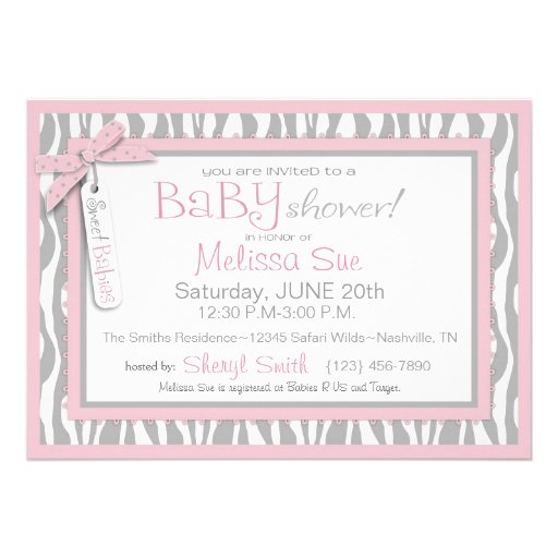 TWINS Baby Carriage, Zebra Print, Pink Baby Shower Invitations