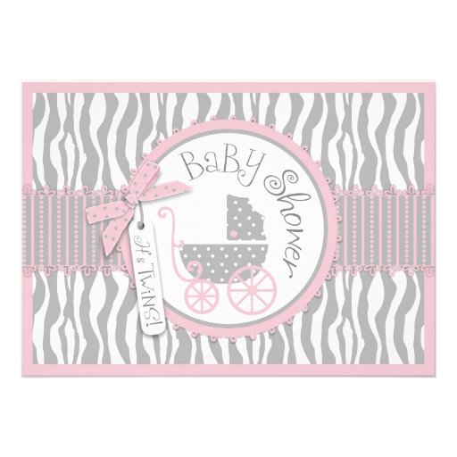 TWINS Baby Carriage, Zebra Print, Pink Baby Shower Invitations (front side)