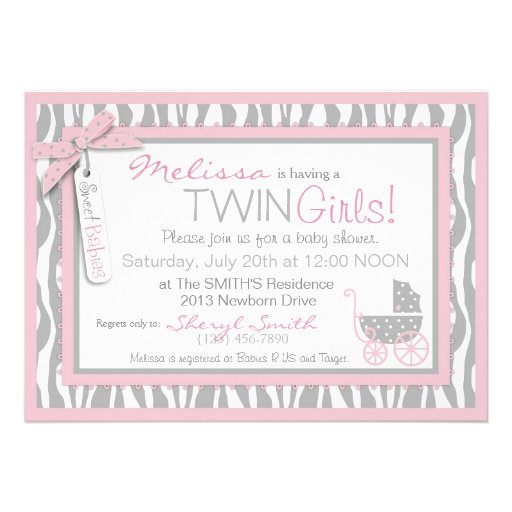 TWINS Baby Carriage, Zebra Print, Pink Baby Shower Custom Announcement