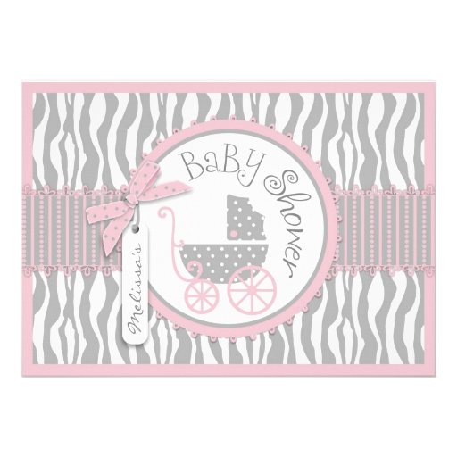 TWINS Baby Carriage, Zebra Print, Pink Baby Shower Custom Announcement
