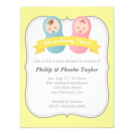Twins Baby Shower - Cute Baby Boy and Girl Personalized Invitation (front side)