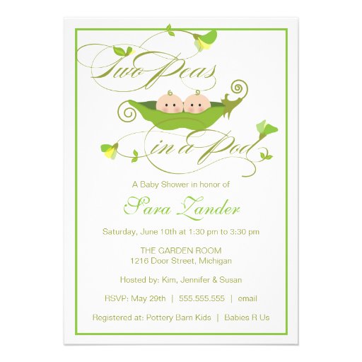 Twins Baby Shower Invitation - Two Peas in a Pod (front side)