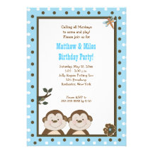TWINS Bambino Monkey 5x7 Birthday Personalized Invite