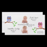 Twins Birth Announcement with Owls photo cards