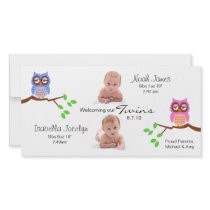 Twins Birth Announcement with Owls Photo Card Template