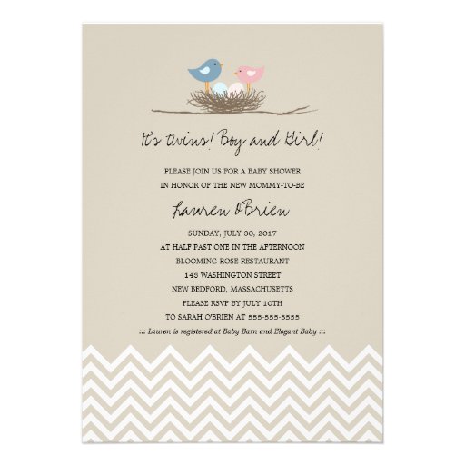 Twins Boy and Girl Bird's Nest Baby Shower Invites (front side)