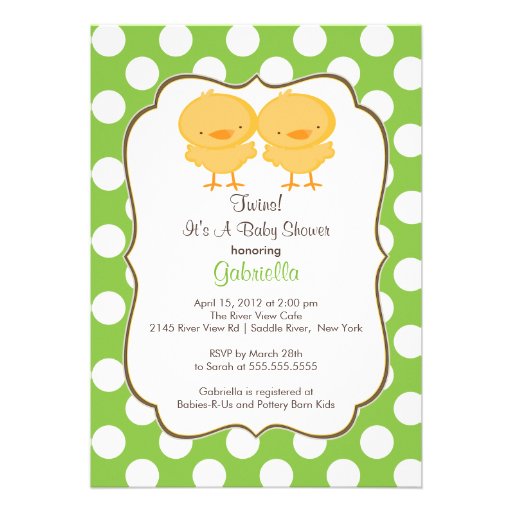 Twins Chick Baby Shower Invitation Green Girl Boy (front side)