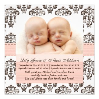 Twins Damask Baby Announcement Pink and Brown