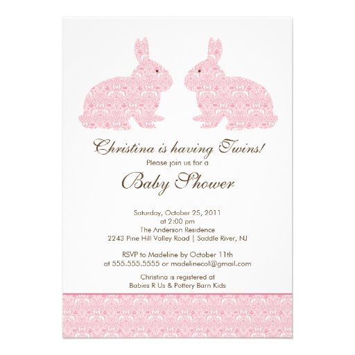 Twins Damask Bunny Baby Shower Invitation Girl