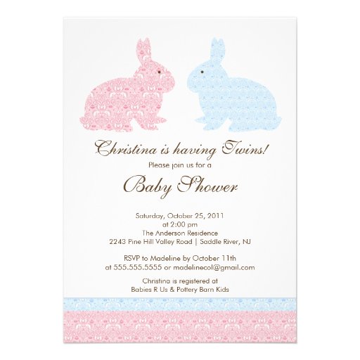 Twins Damask Bunny Baby Shower Invitation Girl Boy