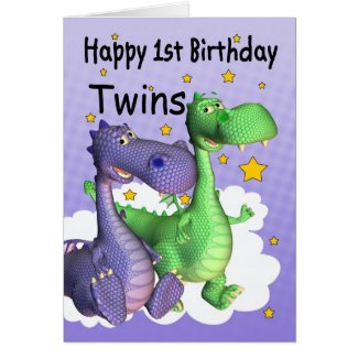 Twins First Birthday Card - Cute Dragons
