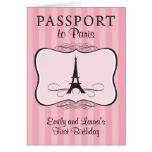 Twins First Birthday Paris Passport Invitation Cards