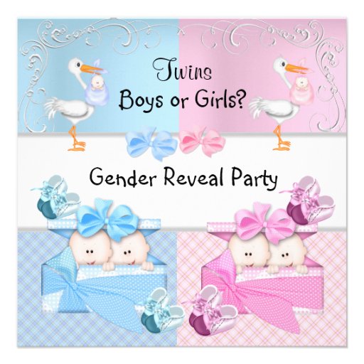 Twins Gender Reveal Party Boys or Girls Blue Pink Custom Invitations (front side)