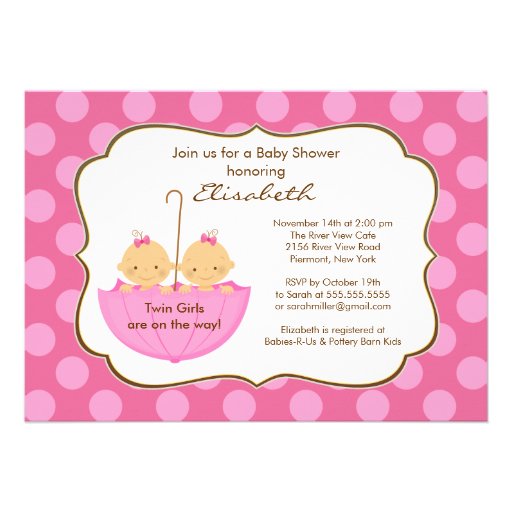 Twins Girls Umbrella Baby Shower Invitation Pink (front side)