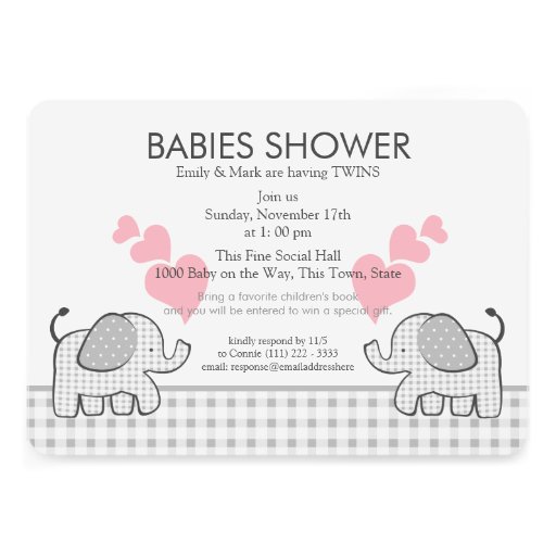 Twins Gray Pink Gingham Baby Shower Invite
