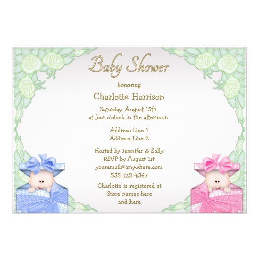 Twins in Gift Box Roses Baby Shower Personalized Invitation