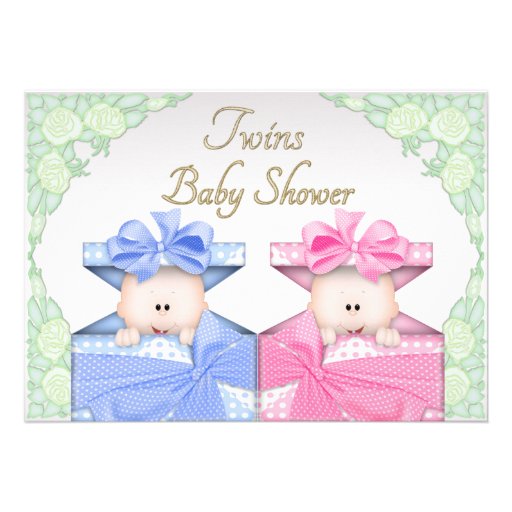 Twins in Gift Box Roses Baby Shower Personalized Invitation (front side)