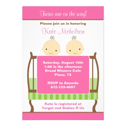 Twins in Pink Crib Invitations (front side)